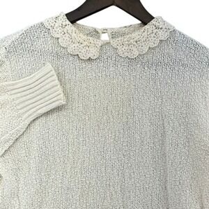 60s Glamour Knit Vintage Cream Crochet‎ Lace Collar Pointelle Knit Sweater Sz M